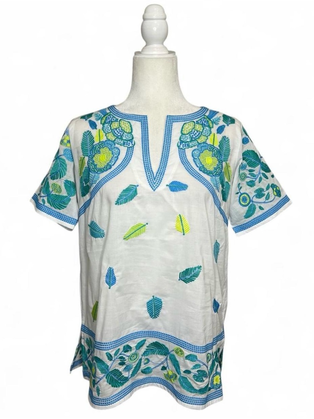 Gretchen Scott blue/green embroidered floral tunic top, 100% cotton